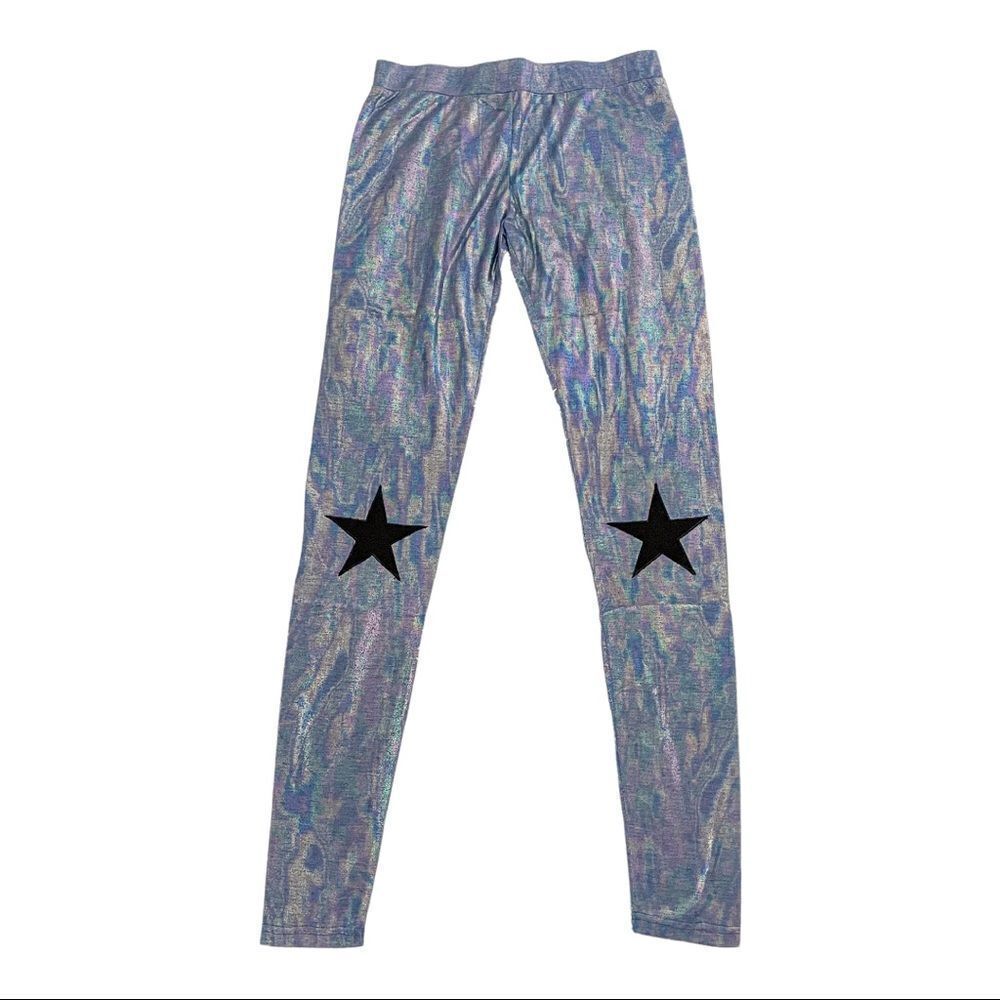 English Rose Iridescent Metallic Star Leggings Blue Purple M NWT